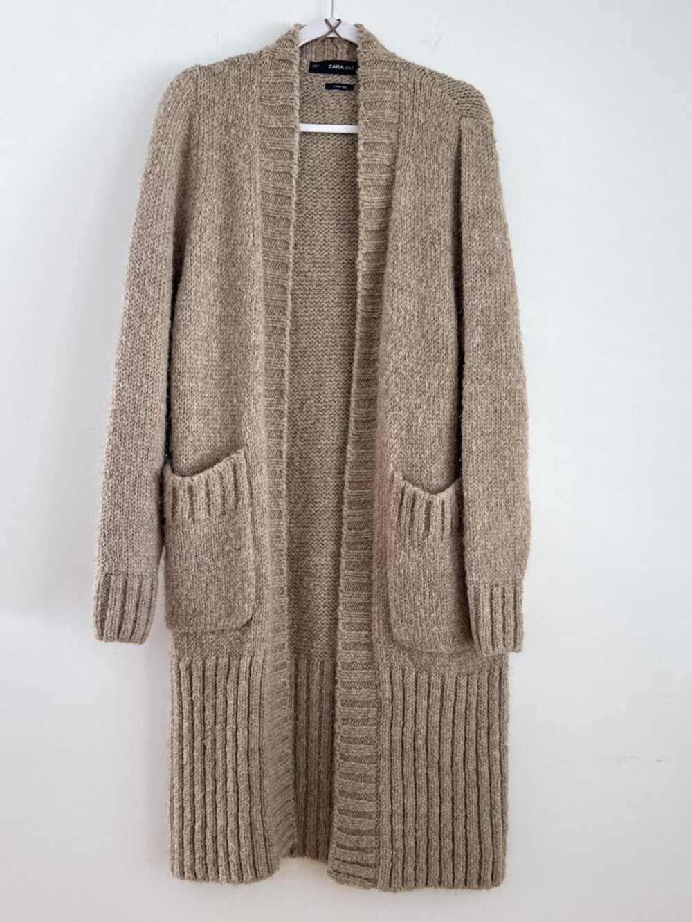 Zara Knit Longline Duster Cardigan Sweater Women's SM Beige Pockets Open Front